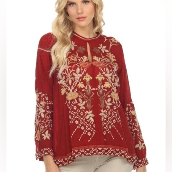 Johnny Was Tops - JOHNNY WAS Frankie Blouse Red Wine Medium Boho Floral Heavily Embroidered